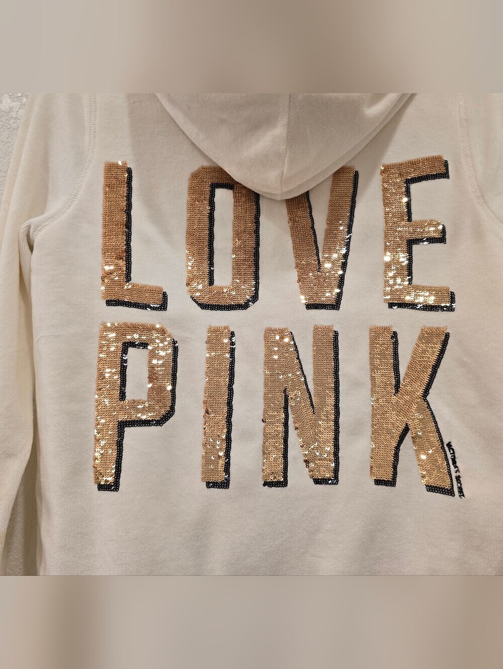 Victoria's Secret PINK velour full-zip hoodie cream XS Gold Sequins Y2K